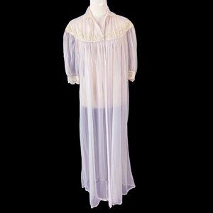 Long Full Sweep Robe Sheer Pale Lavender Chiffon Lace Trim Vintage 1960s